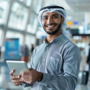 A man wearing a white and gray robe is smiling and holding a tablet. He is surrounded by other people in the airport